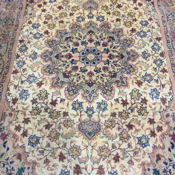 Persian Handmade Beige Red 55 Raj 4x3 Tabriz 400 KPSI Hand Knotted Rug 90% Wool